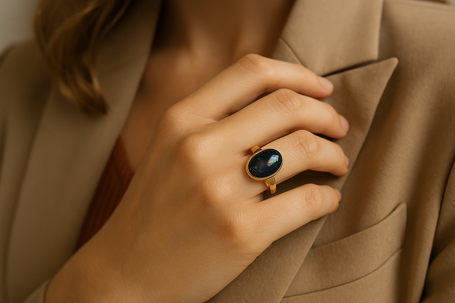 Stiilne naine kannab kaasaegset kollasest kullast sõrmust ovaalse musta opaaliga, mis särab vikerkaarevärvides, näha on käsi ja riietuse detaile