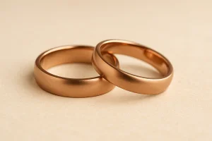 Du vestuviniai žiedai iš riešuto atspalvio aukso ant šviesaus paviršiaus – šilta, elegantiška spalva, atspindinti šiuolaikines vestuvinių žiedų tendencijas