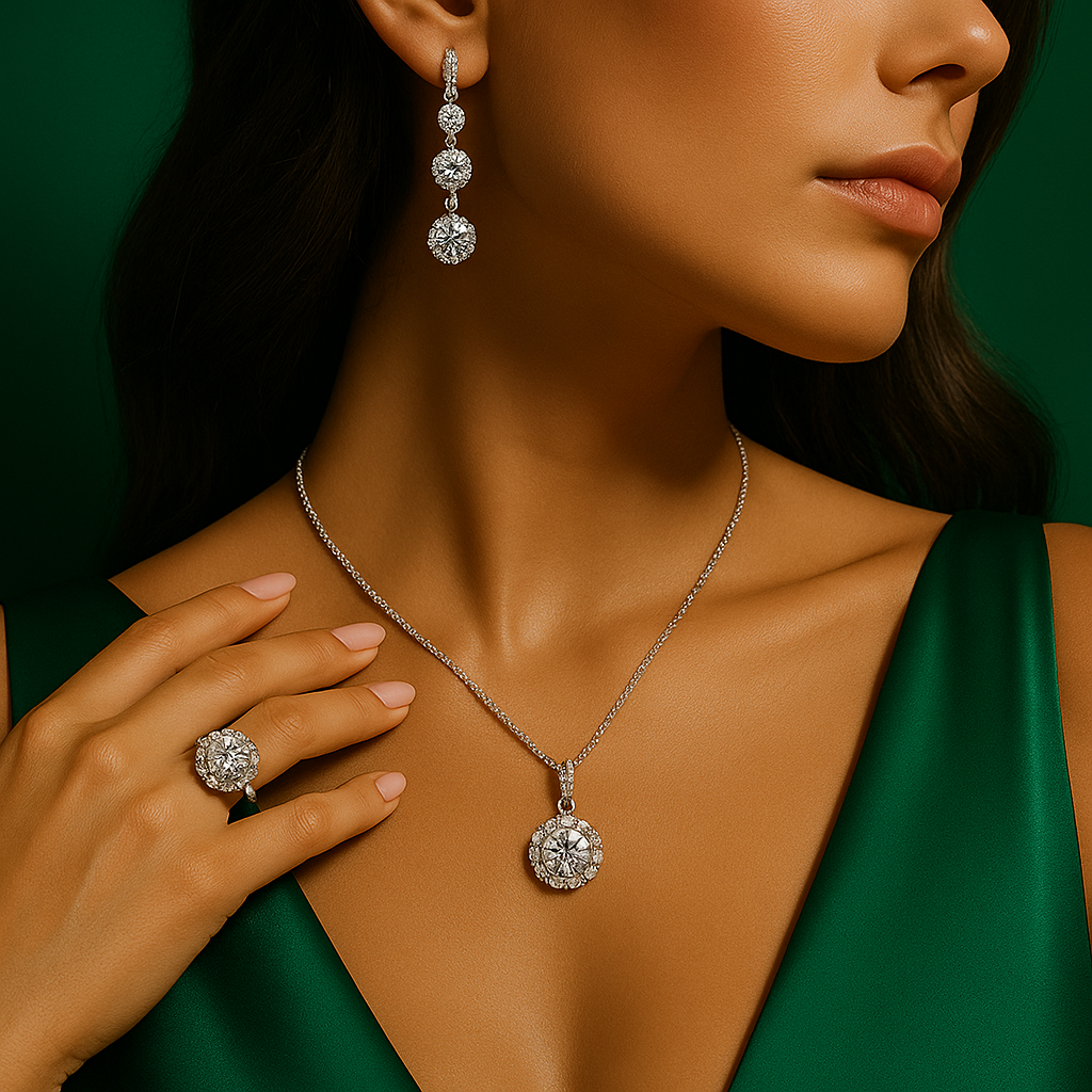 Moteris su elegantiškais auskarais, žiedu ir pakabuku su deimantais prie žalios atlasinės suknelės – prabangios juvelyrikos įvaizdis su „Fashion Gold“ papuošalais.