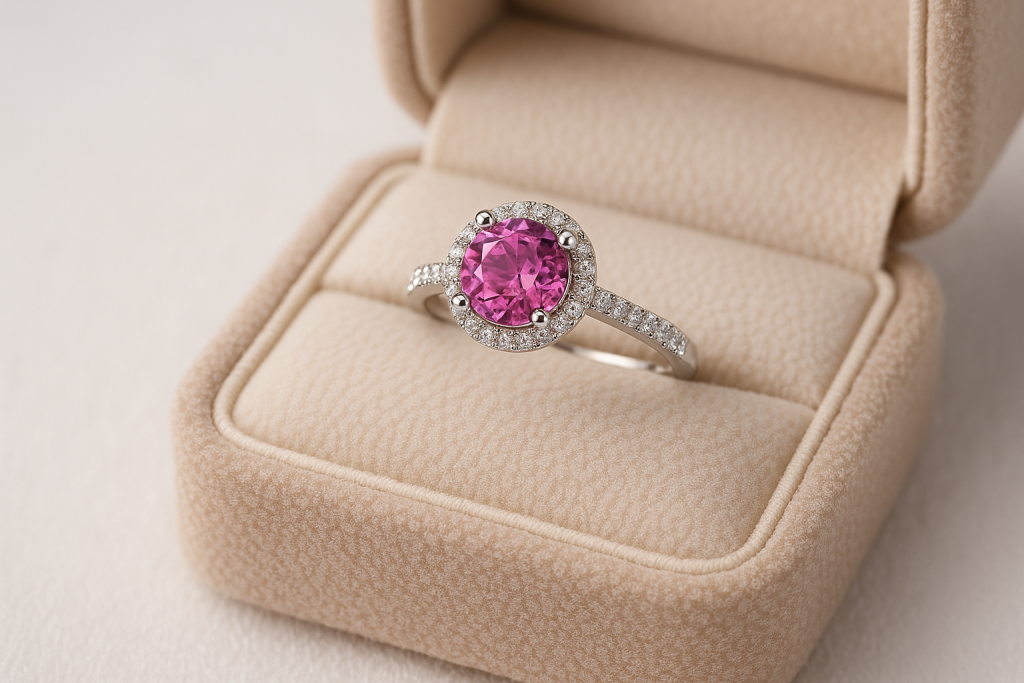Prabangus sužadėtuvių žiedas iš balto aukso su rožiniu safyru ir deimantais, halo dizaino, elegantiškoje dėžutėje
