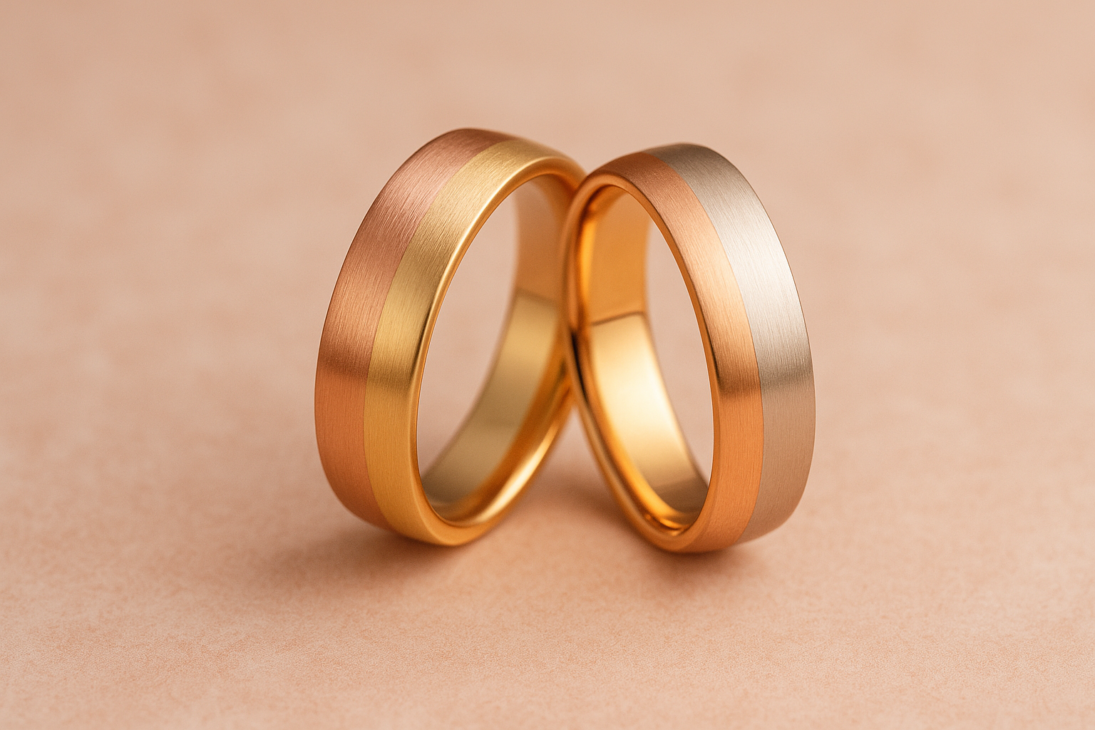 Kelių aukso spalvų vestuviniai žiedai su ombre efektu ant smėlinio fono.