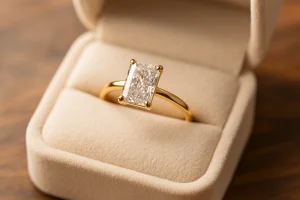 Sužadėtuvių žiedas su deimantu Emerald formos geltono aukso dežutėje