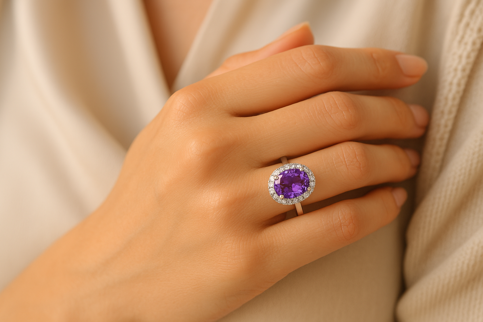 Ant stilingos merginos rankos spindi baltas auksinis sužadėtuvių žiedas su ovalo formos ametistu halo dizaino, deimantai aplinkui.