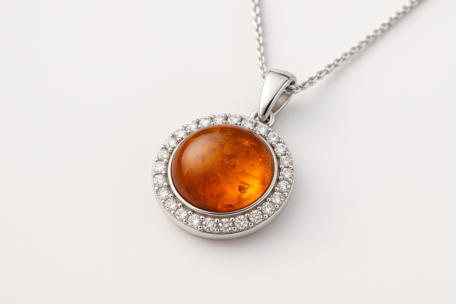 Valgest kullast valmistatud ripats, mille keskel on ümmargune meripihk ja ümber väikesed teemandid.