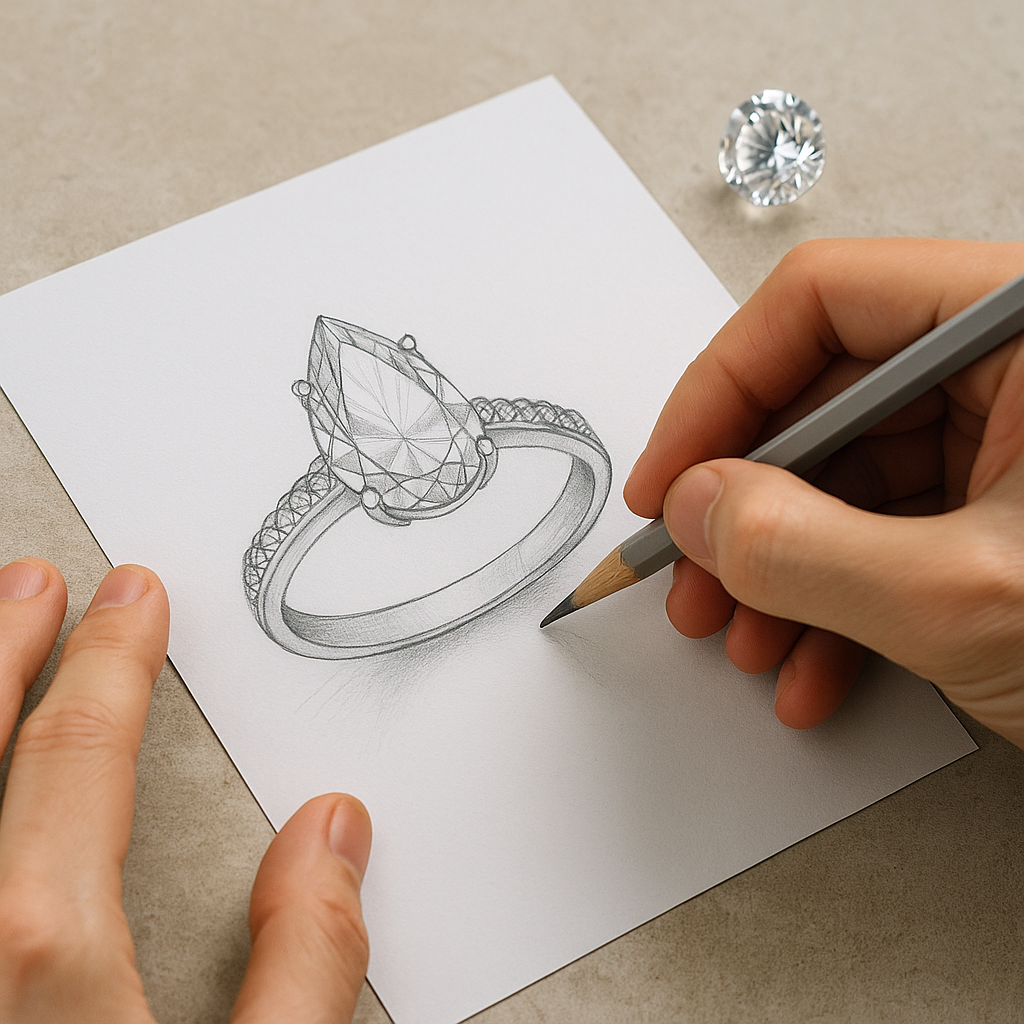 Juvelyras piešia sužadėtuvių žiedo eskizą su kriaušės formos deimantu ant popieriaus