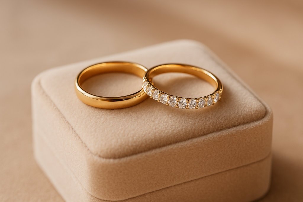 Vestuviniai žedai raudono aukso ant aksominės dežutės