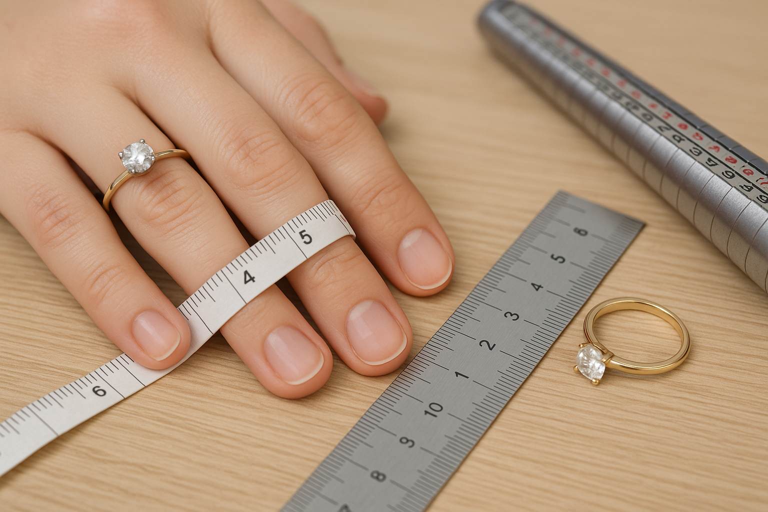 Sužadėtuvių žiedo dydžio matavimo būdai – juostelė aplink pirštą, žiedas ant liniuotės ir profesionalus žiedų matuoklis, padedantis tiksliai nustatyti dydį.