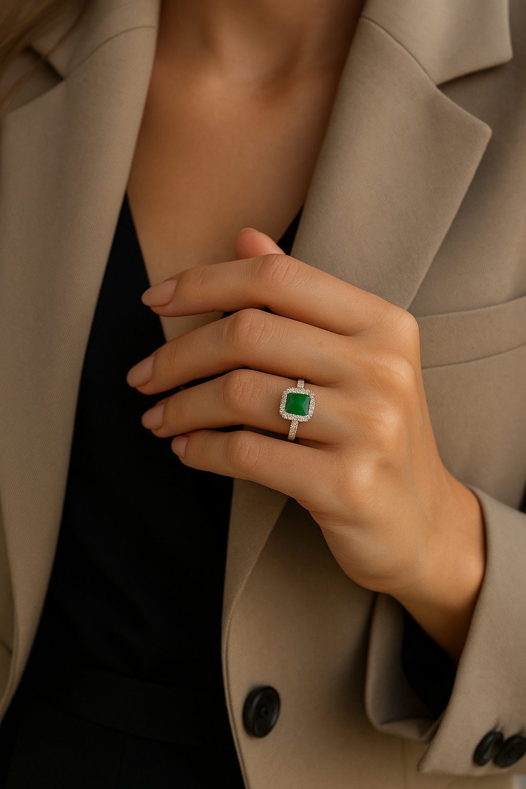 Ant bevardžio piršto dėvimas žiedas su smaragdu – elegantiškas sužadėtuvių žiedo pasirinkimas su išskirtiniu brangakmeniu