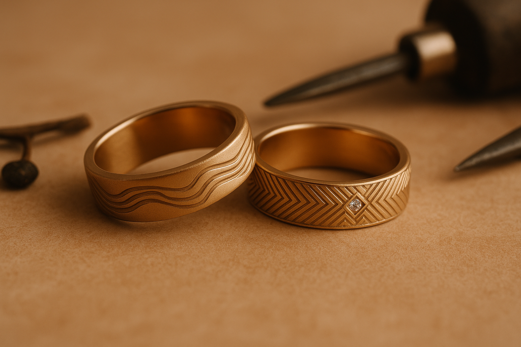 Vestuviniai žiedai iš raudono aukso su pasleptais simboliais
