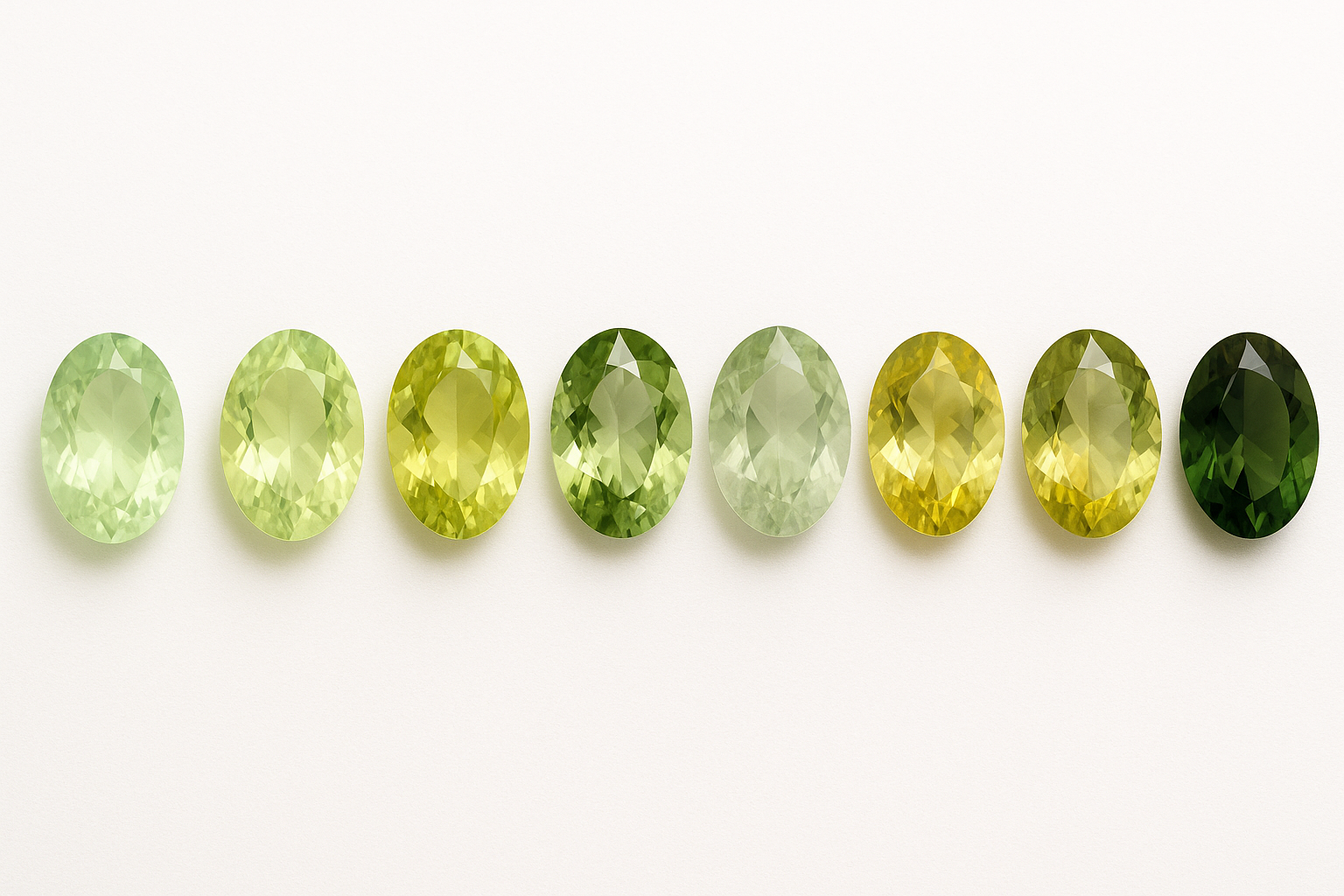 prazolito kristalai, atspindintys skirtingus žalios spalvos atspalvius – nuo šviesiai mėtų, blyškiai žalios ir žalsvai gelsvos iki alyvuogių, žalsvai pilkos, gelsvai žalios su aukso atspalviu ir sodriai miško žalios spalvos.