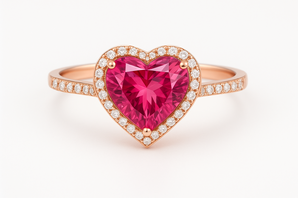Prabangus žiedas su širdelės formos rožiniu turmalinu ir deimantais, elegantiškai pavaizduotas ant balto fono.