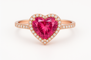 Prabangus žiedas su širdelės formos rožiniu turmalinu ir deimantais, elegantiškai pavaizduotas ant balto fono.