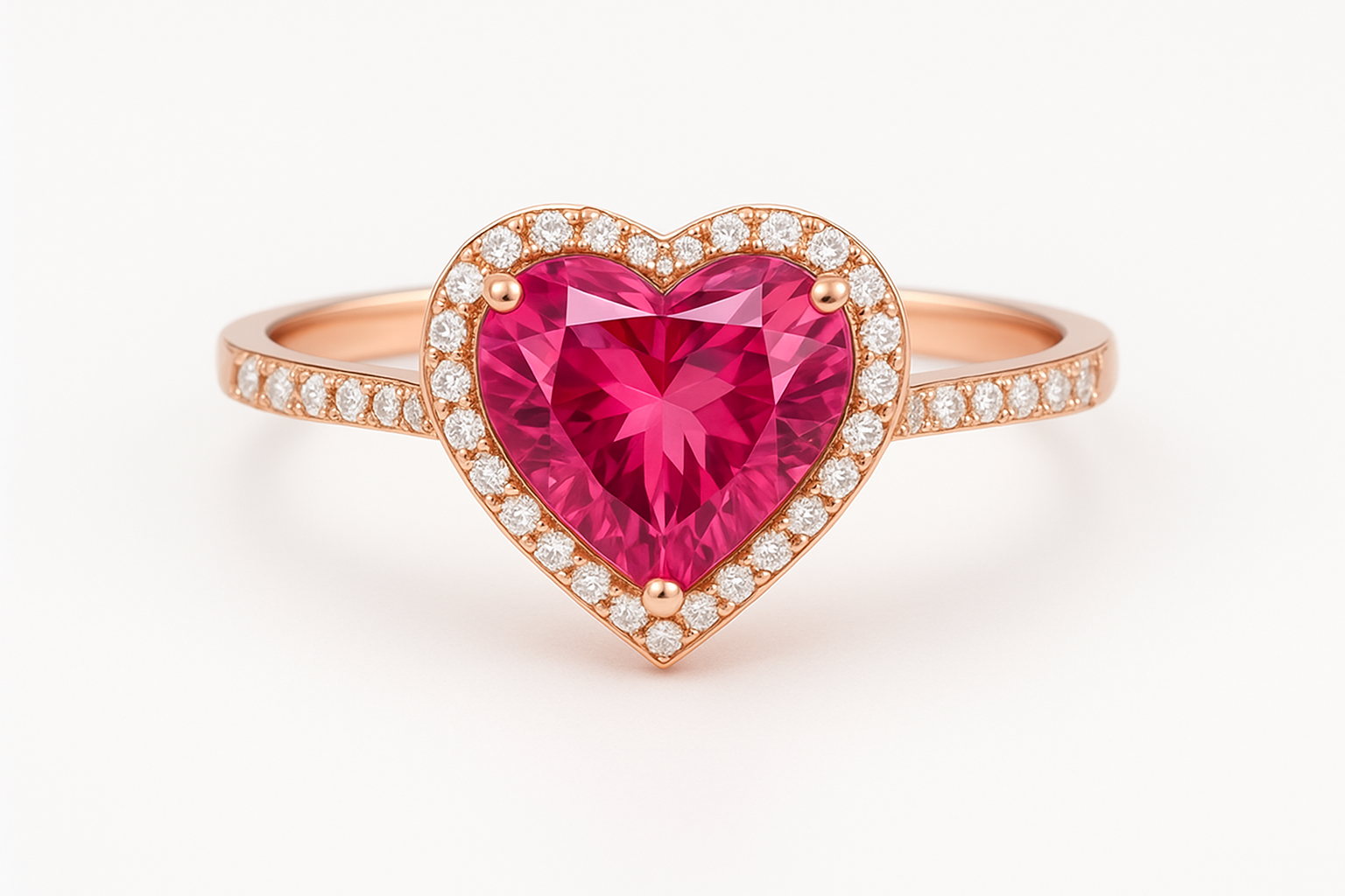 Prabangus žiedas su širdelės formos rožiniu turmalinu ir deimantais ant balto fono
