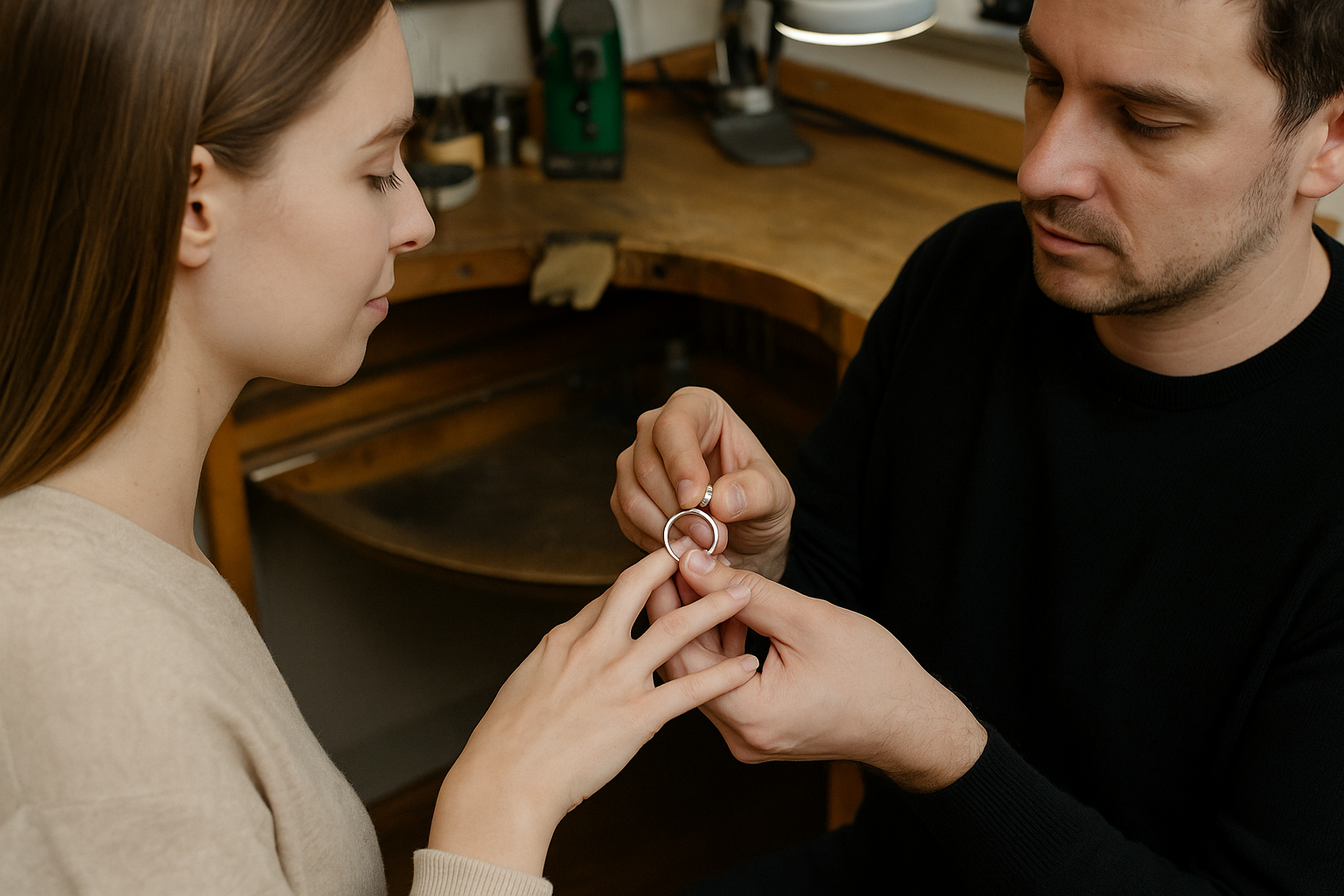 Juvelyras Vilniuje matuoja žiedo dydį klientei – realus procesas dirbtuvėse, atspindintis, kaip nustatomas tobulas sužadėtuvių žiedo dydis