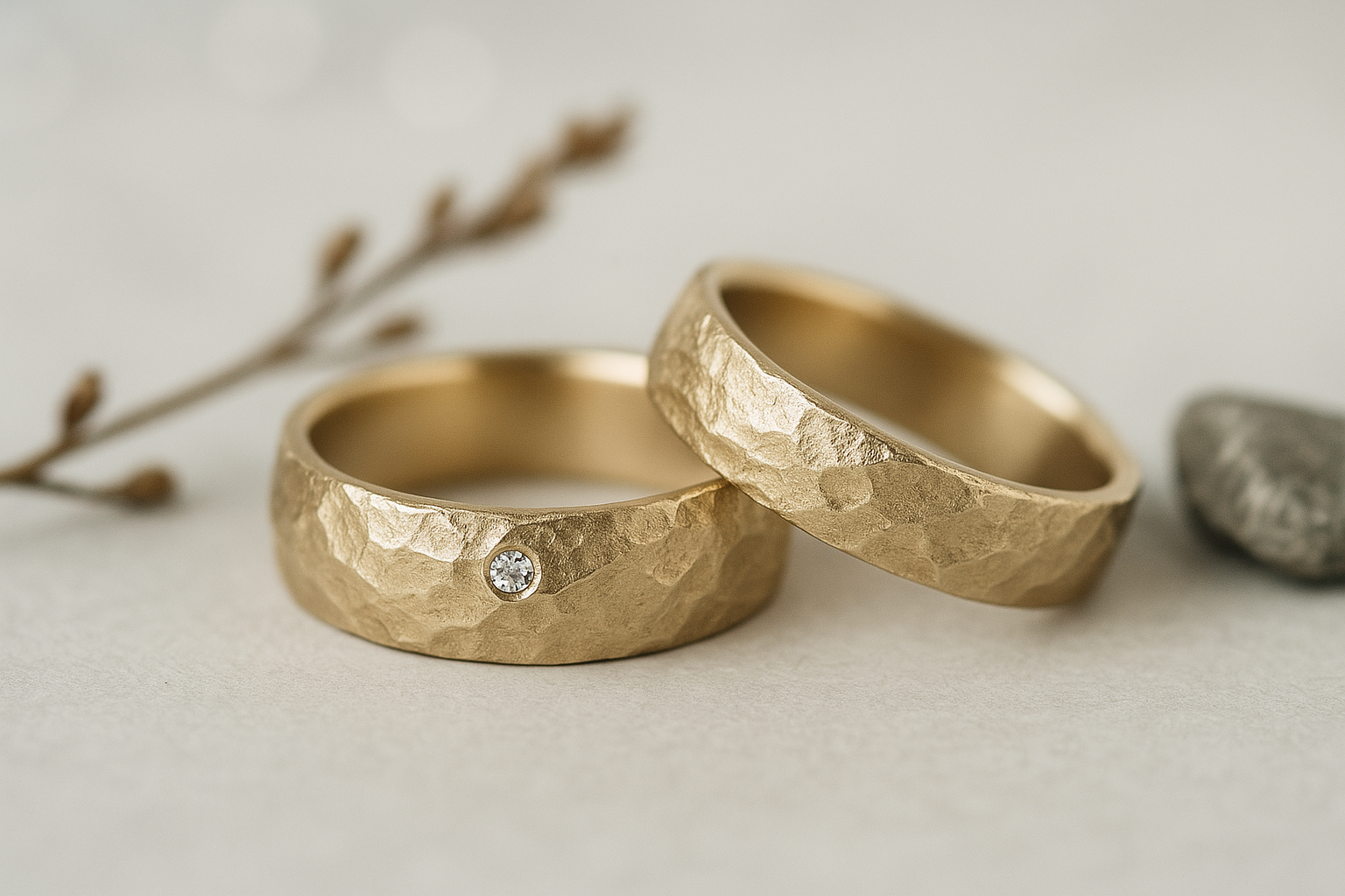 Vestuviniai žiedai su kalnų faktūros paviršiumi ant šviesaus fono