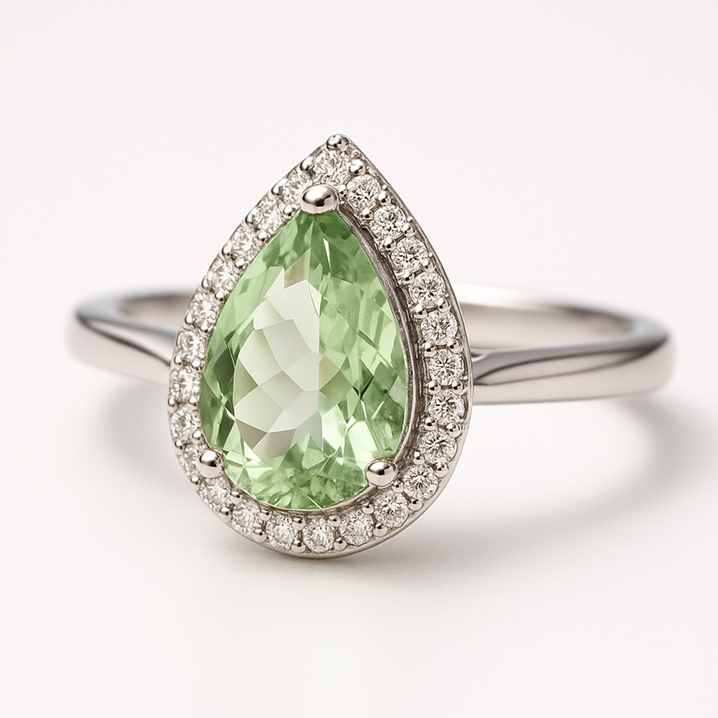 Halo dizaino sužadėtuvių žiedas su lašo formos prazolitu (žaliuoju ametistu) centre ir smulkiais deimantais aplinkui.