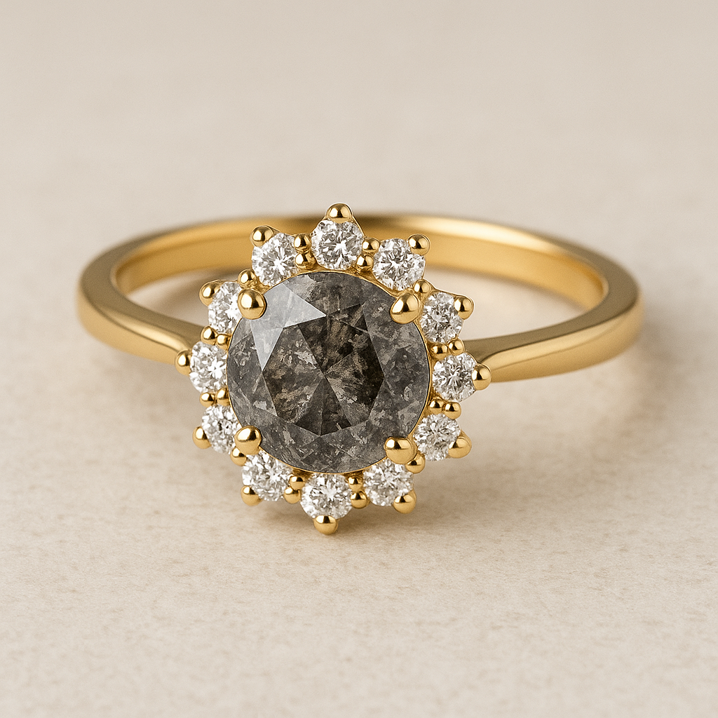 Halo sužadėtuvių žiedas su Salt and Pepper deimantu – išskirtinis žiedas su kontrastingais pilkai baltais atspalviais, išryškinančiais natūralų akmens grožį