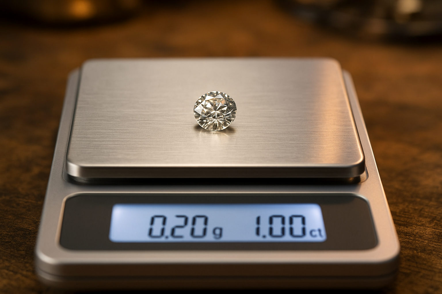 Ant svarstyklių guli tik deimantas, o ekrane aiškiai rodoma/ 0.20 g ir 1.00 ct