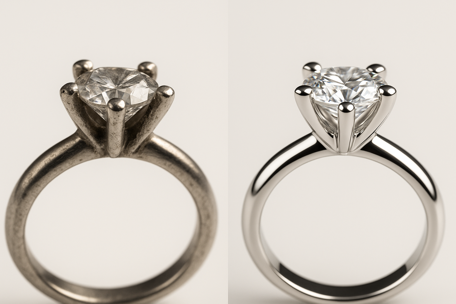 Sõrmuse kroon enne ja pärast restaureerimist – vasakul kahjustatud, paremal taastatud ja särav.