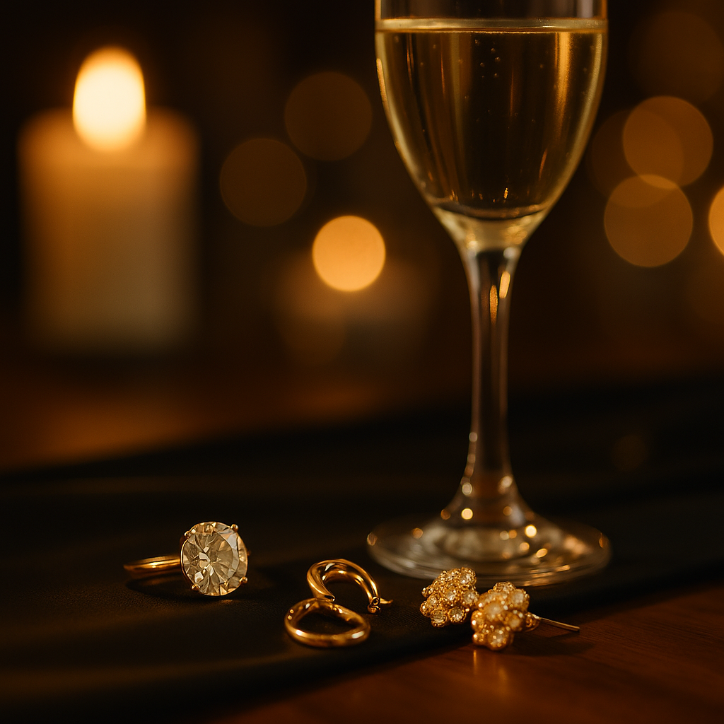 Auksiniai papuošalai ir šampano taurė prabangaus vakaro fone
