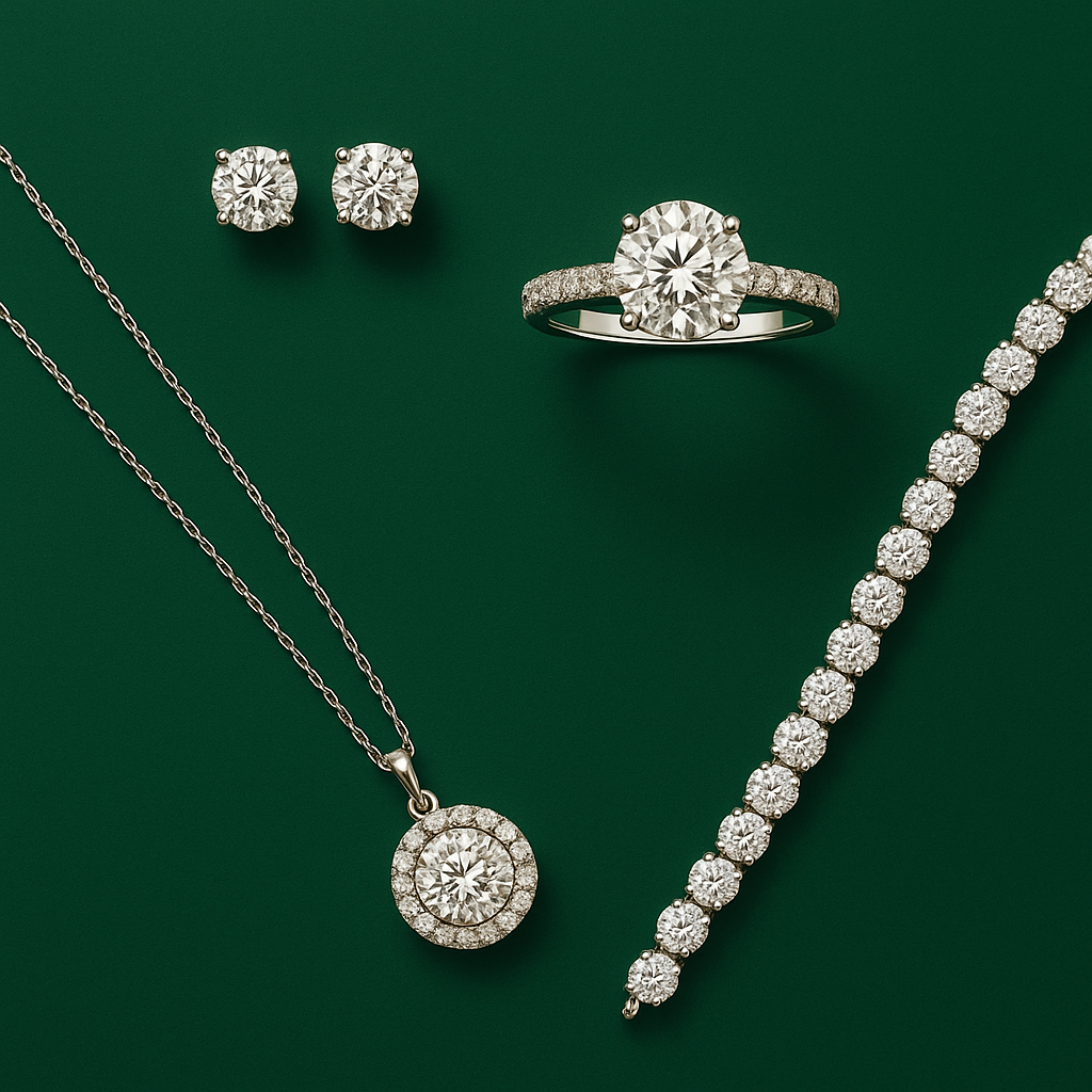 Deimantiniai papuošalai – auskarai, žiedas, pakabukas ir tennis apyrankė – išdėstyti ant sodriai žalio fono, išryškinantys jų spindesį ir prabangą.