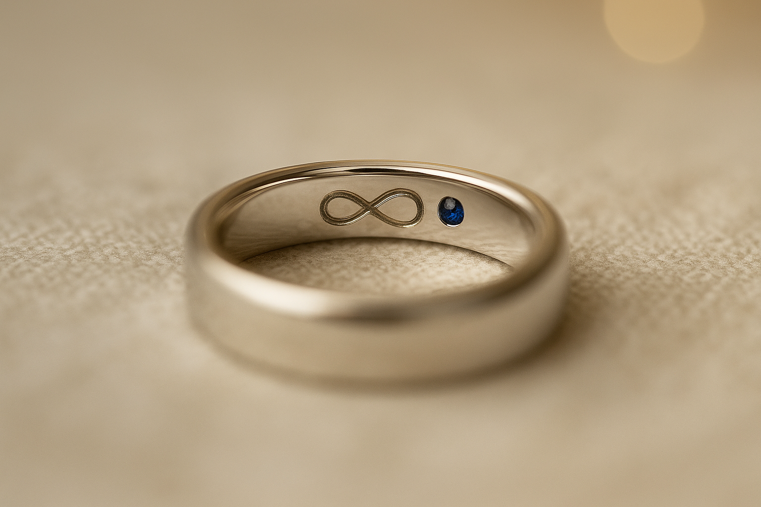 Balto aukso vestuvinis žiedas su paslėptu safyru ir subtiliu begalybės simbolio graviravimu vidinėje pusėje