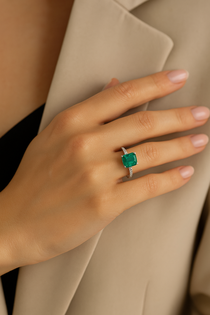 Ant bevardžio piršto dėvimas žiedas su smaragdu ir deimantais – elegantiškas ir klasikinis papuošalas.