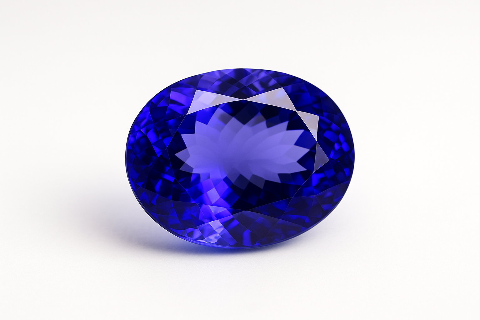 Ovalaus šlifo skaidrus mėlynas tanzanitas ant balto fono, spindintis violetiškai mėlynais atspalviais, profesionali juvelyrinė fotografija