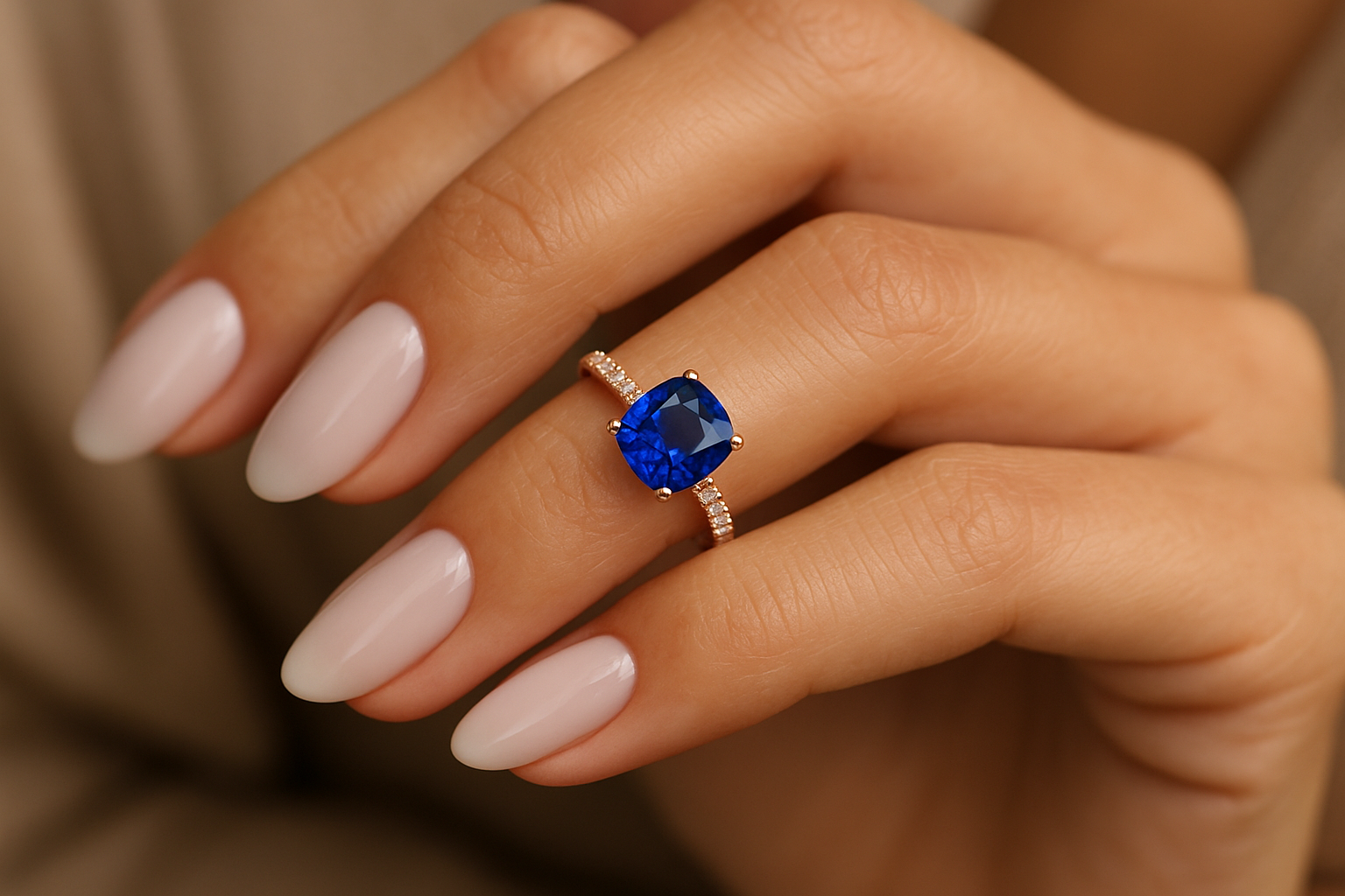 Modernaus dizaino sužadėtuvių žiedas su mėlynu safyru ir deimantais – elegantiškas ir prabangus papuošalas.