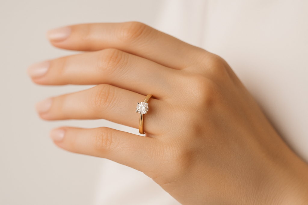 Ant piršto dėvimas sužadėtuvių žiedas su laboratoriniu deimantu – šiuolaikinis meilės ir įsipareigojimo simbolis