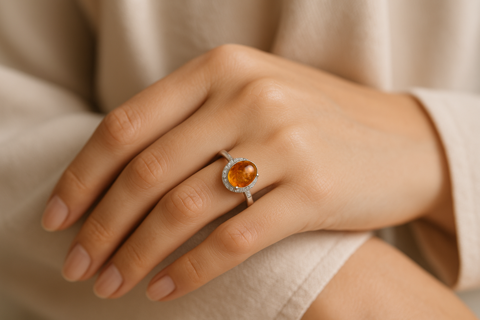 Stiilse tüdruku käel särab valgest kullast kihlajasõrmus meripihga ja teemantaktsentidega