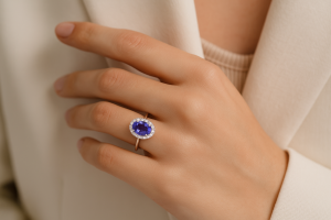 Ant stilingos merginos rankos spindi baltas auksinis sužadėtuvių žiedas su ovalo formos tanzanitu halo dizaino, deimantai aplinkui