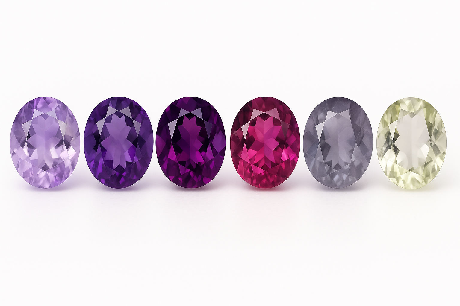ametistai, atspindintys skirtingus šio brangakmenio atspalvius: nuo šviesiai alyvinės ir klasikinės violetinės iki tamsiai purpurinės, rausvai violetinės, pilkai violetinės ir žalsvai gelsvos (prazolito) spalvos