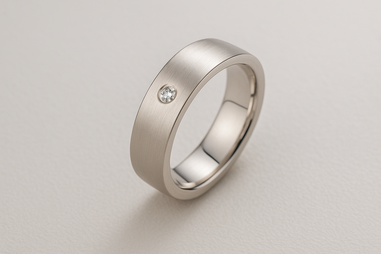 yriškas vestuvinis žiedas iš balto aukso su briliantu centre, modernus ir solidus dizainas ant šviesaus fono.