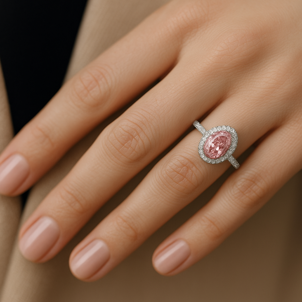 Rožinis kriaušės formos deimantas Halo dizaino žiede ant moters rankos – prabangus ir moteriškas papuošalas su romantišku atspalviu