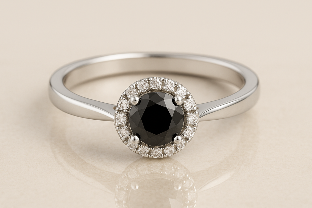 Balto aukso halo stiliaus sužadėtuvių žiedas su juodu deimantu centre ir mažais baltais deimantais aplinkui, fotografuotas ant šviesaus fono.