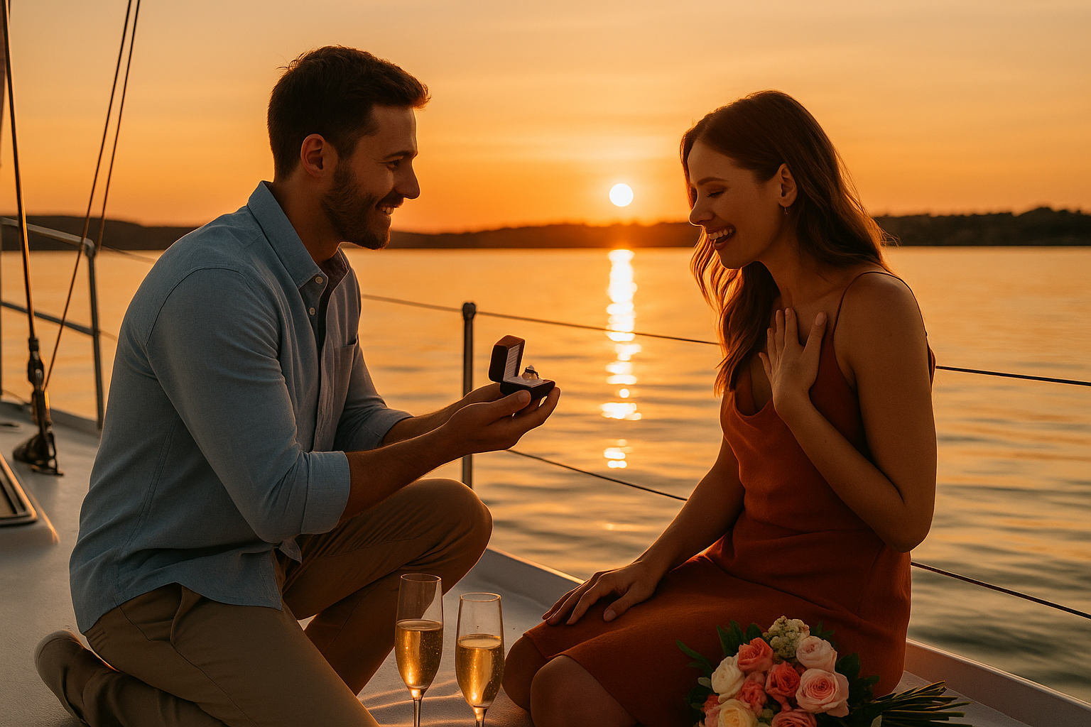 Romantiškas pasipiršimas ant jachtos saulėlydžio metu – vyras rankoje laiko žiedo dėžutę, šalia šampano taurės ir gėlių puokštė, aplink spindi vanduoM