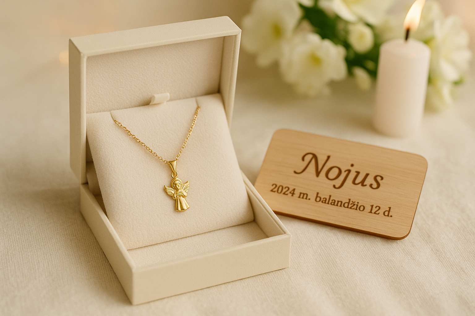Auksinė grandinėlė krikštynoms elegantiškoje dėžutėje su šviesiomis detalėmis ir gėlėmis.