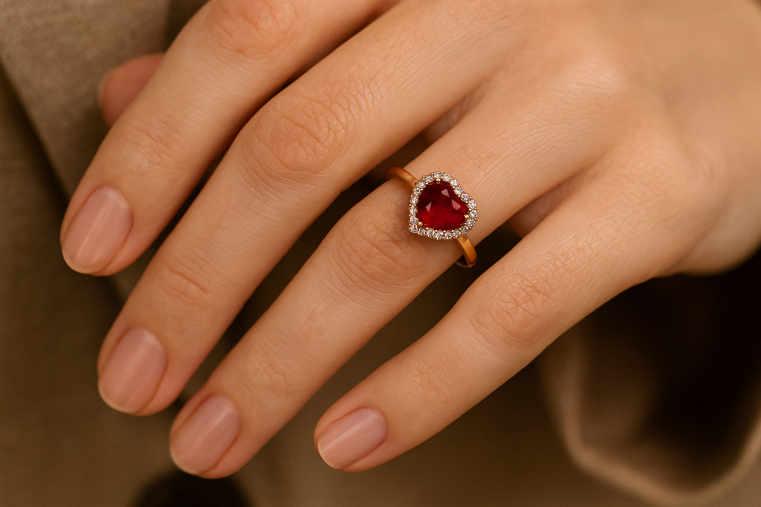 Stilingos moters ranka su raudono aukso sužadėtuvių žiedu ant bevardžio piršto, žiedas su širdies formos rubinu ir halo dizaino smulkiais deimantais aplink