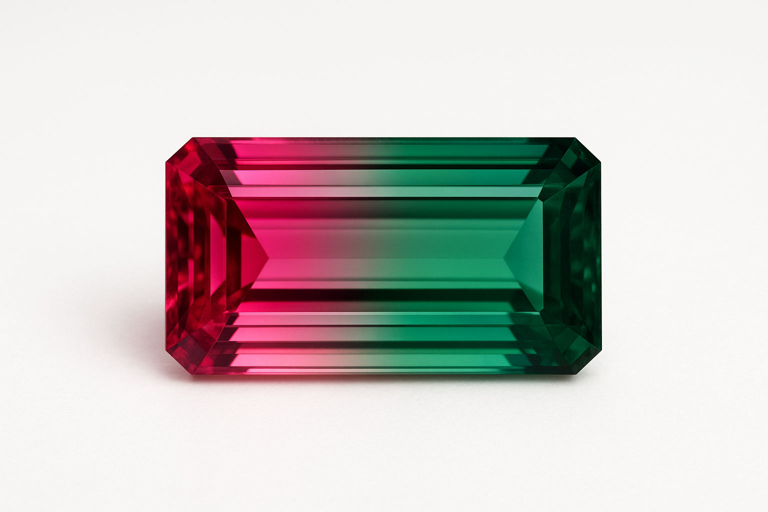 Dviejų spalvų turmalinas stačiakampio formos šlifu, padėtas ant balto fono