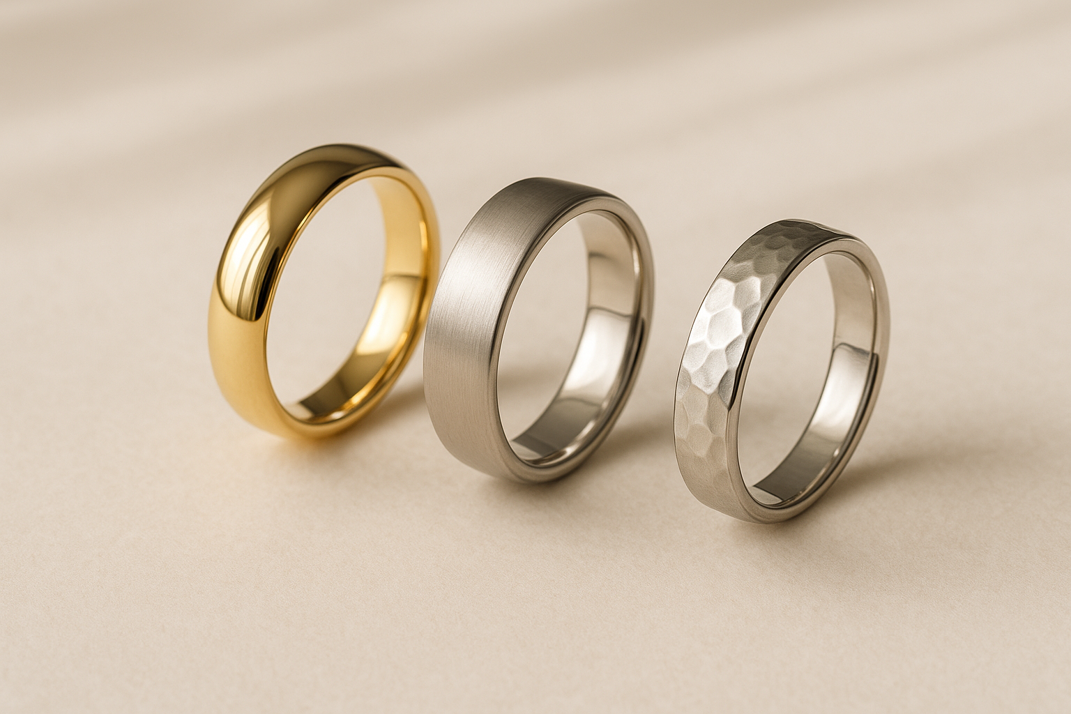 Vestuviniai žiedai vyrams – skirtingos aukso spalvos ir žiedo faktūros, atspindinčios naujausias dizaino tendencijas
