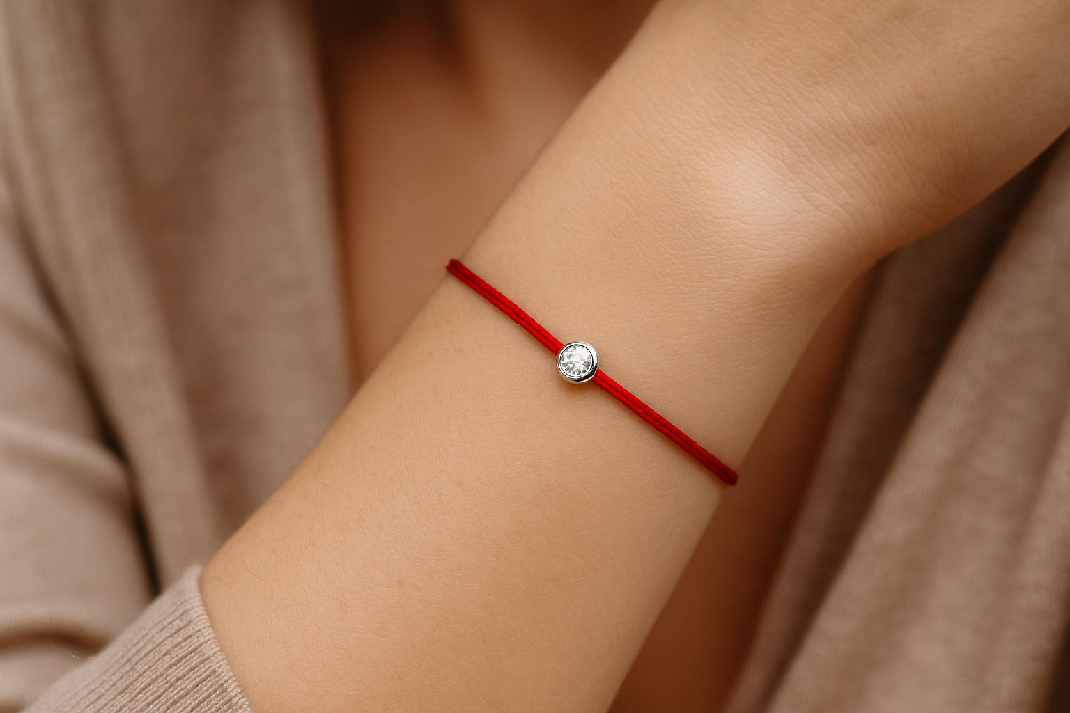 raudono siūlo apyrankė su briliantu