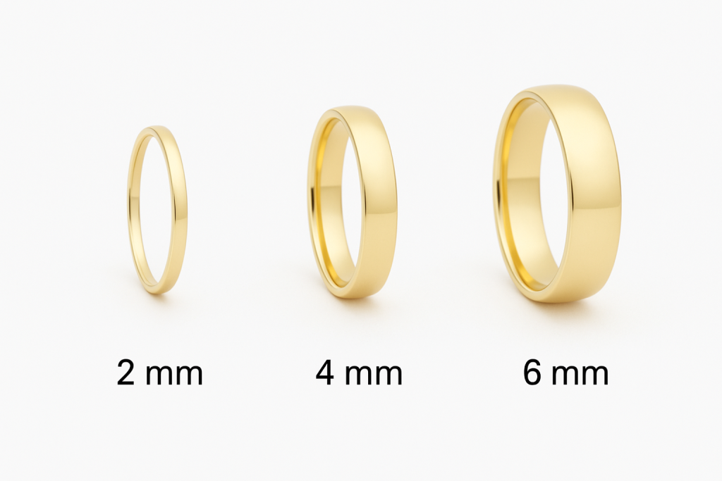 Trys vestuviniai žiedai ant piršto: 2 mm, 4 mm ir 6 mm pločio – skirtumai tarp žiedų pločių