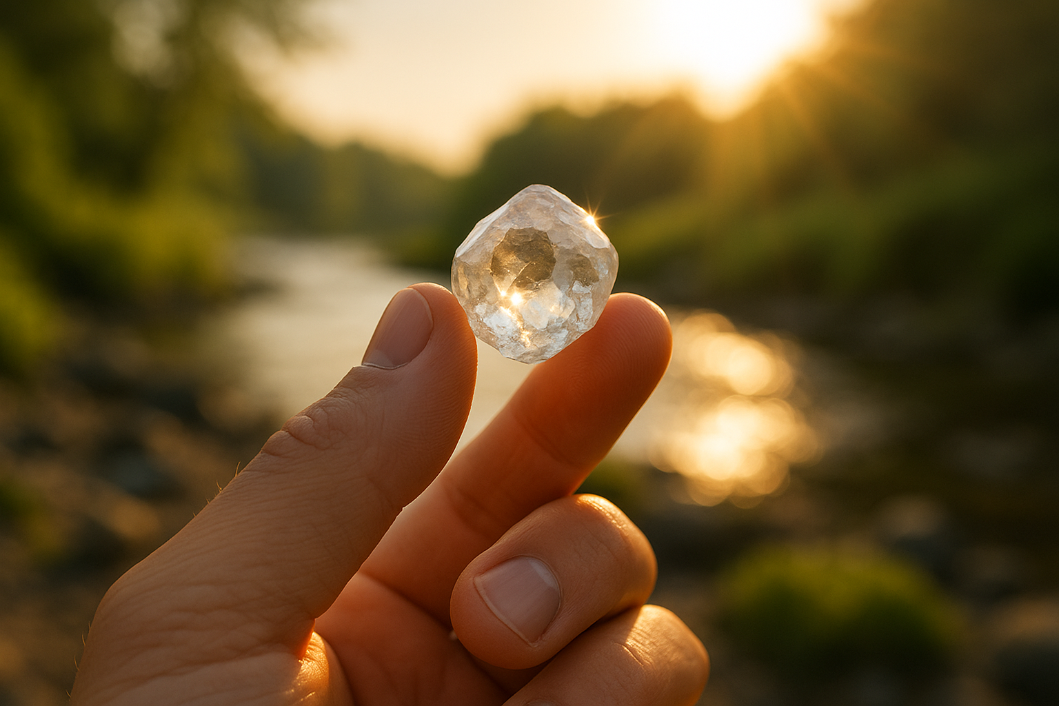 Žmogus laiko tarp pirštų neapdorotą deimanto kristalą, pakeltą į saulės šviesą, kad pamatytų jo grožį.