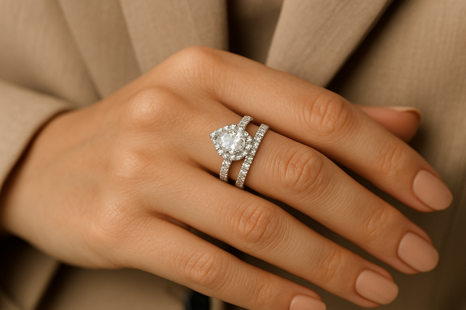 Halo dizaino lašo formos deimanto sužadėtuvių žiedas ir deimantinė juostelė nėra suglausti lieka tarpas, elegantiškai puošiant stilingos merginos pirštą