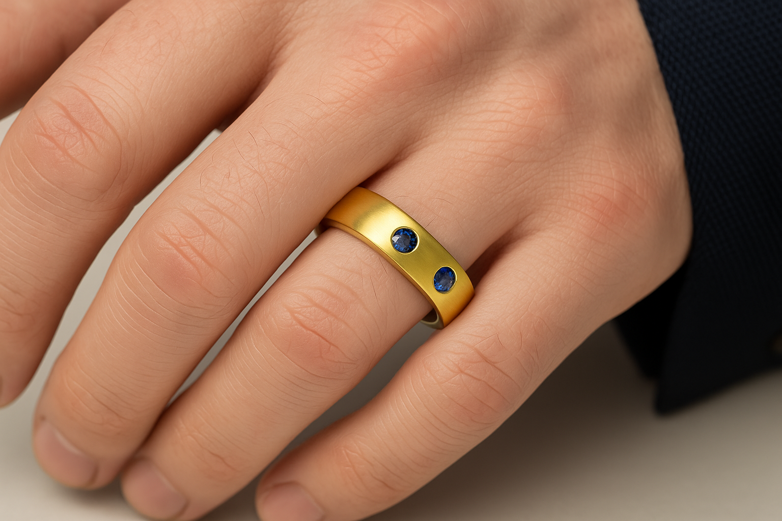 Geltonos spalvos vyriškas modernus vestuvinis žiedas su trimis mėlynais safyrais, tolygiai įstatytais aplink žiedą, ant vyro rankos – elegantiškas ir išskirtinis dizainas.