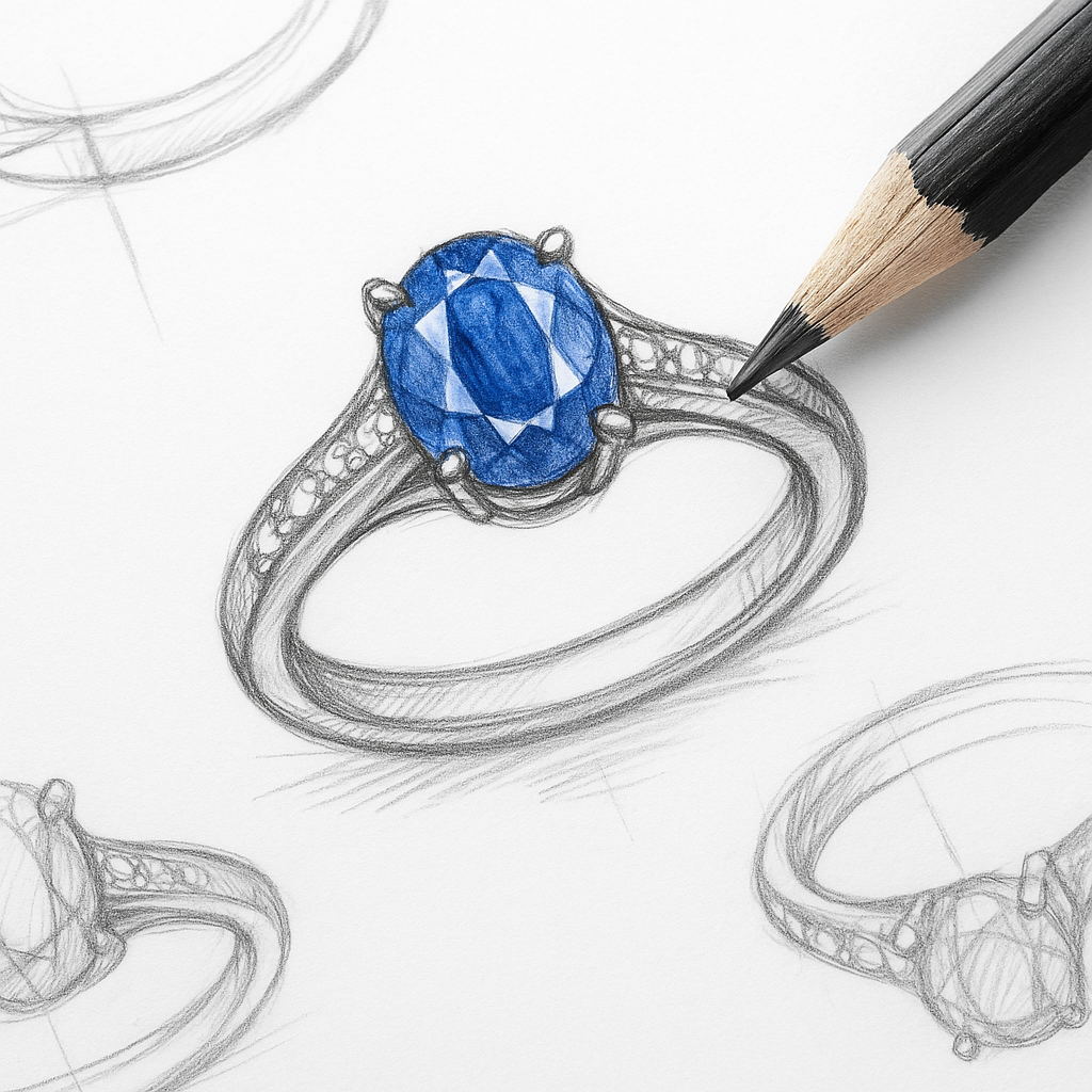 uvelyro ranka pieštas žiedo eskizas su mėlynu safyru – klasikinio dizaino idėja sužadėtuvių žiedams ir juvelyrikai