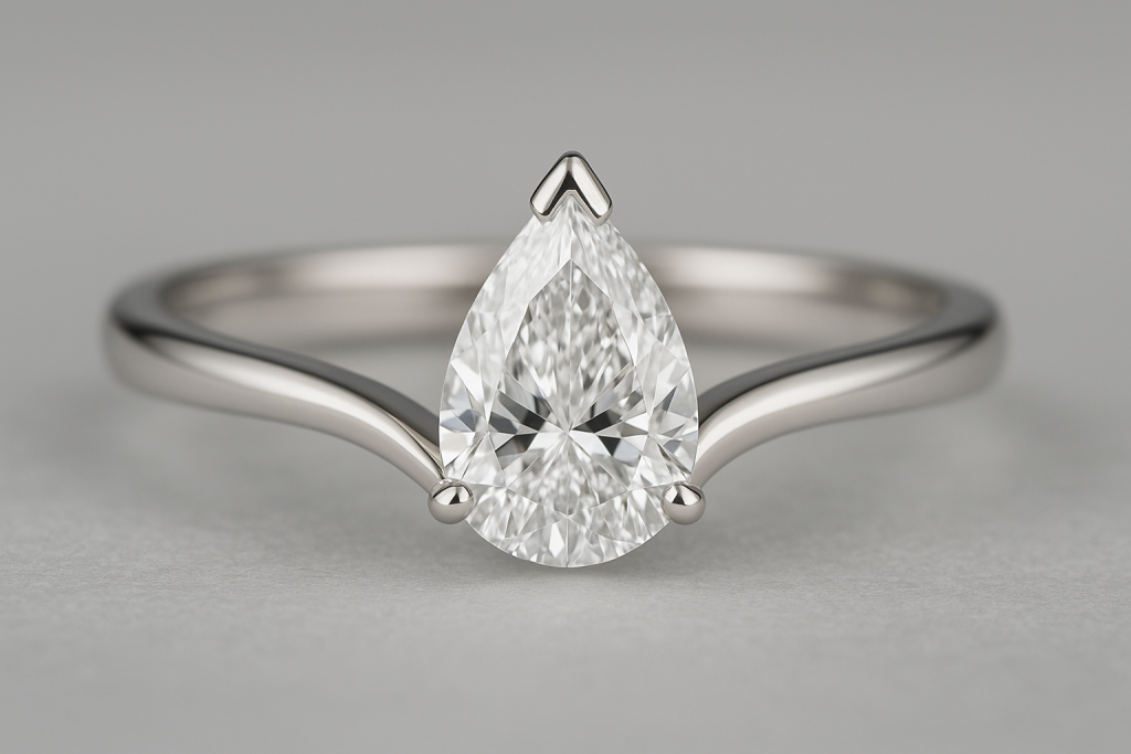 Balto aukso unikalus sužadėtuvių žiedas su deimantu lašo formos