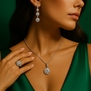 Moteris-su-elegantiskais-auskarais-ziedu-ir-pakabuku-su-deimantais-prie-zalios-atlasines-sukneles