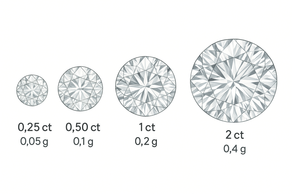 Pavaizduotas svoris gramais pagal deimanto karatus